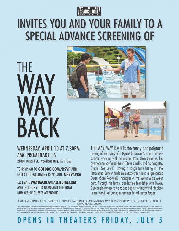 Free Screening of "The Way, Way Back" Wednesday in Woodland Hills Free Screening of "The Way, Way Back" Wednesday in Woodland Hills