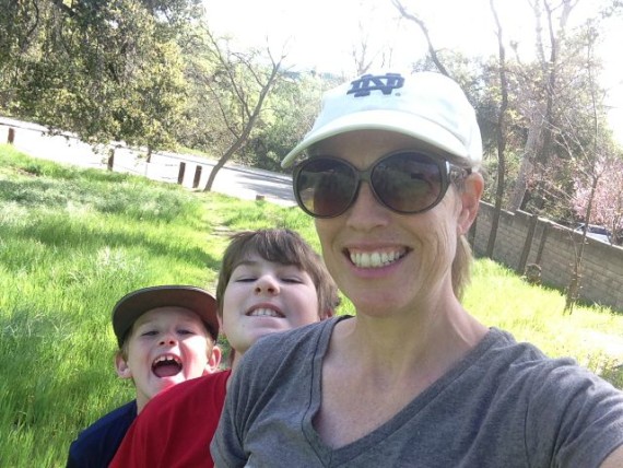 mom and boys hiking